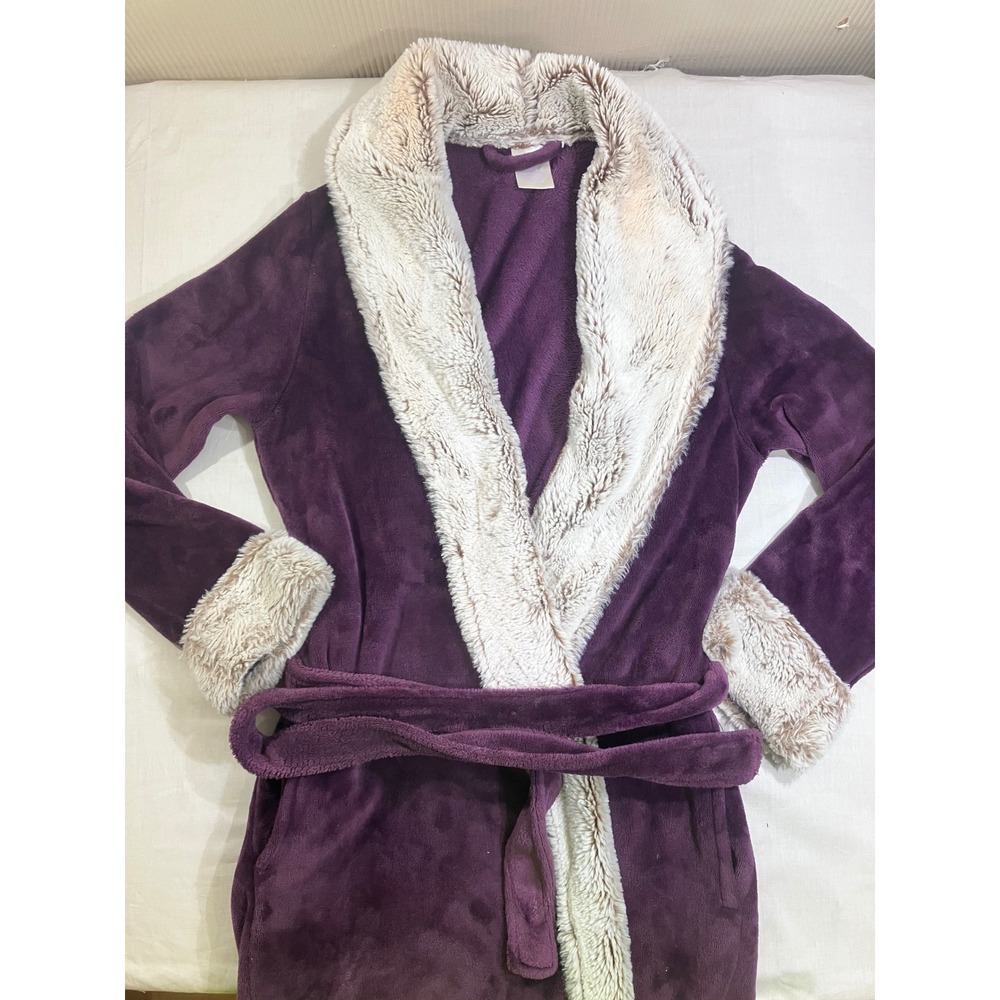 Secret Treasures‎ Womens Purple Pearl Plush Robe Faux Fur Trim Medium 8-10